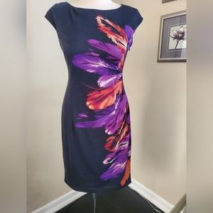 MAGGIE LONDON black sheath dress with orange and purple feather print, size 6